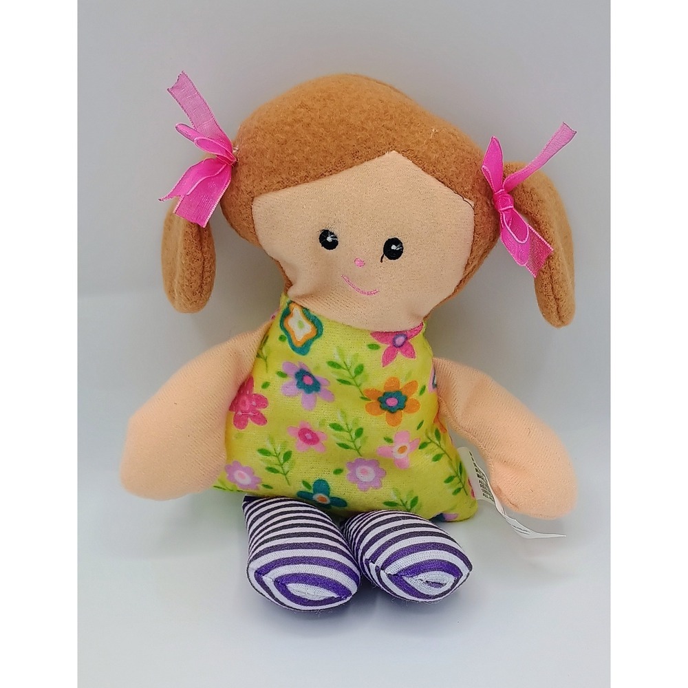 9.5" Greenbrier International PLUSH Peach Doll FLOWERS Pink Bows Brown Hair B6